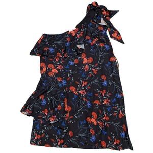 Parker Abrico One-Shoulder Ruffle Shift Dress Black Floral Print XS NWT $345‎
